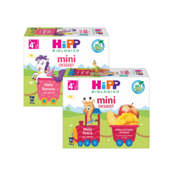 Sono esposte due scatole di alimenti per bambini Hipp Biologico, una con la mela e l'altra con la pera.