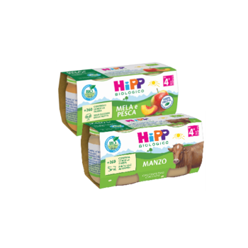 Sono esposte due confezioni di alimenti per l'infanzia Hipp Biologico, una con purea di mele e pere e l'altra con purea di manzo, entrambe etichettate per l'età di 4 mesi e contrassegnate come 100% frutta o carne.