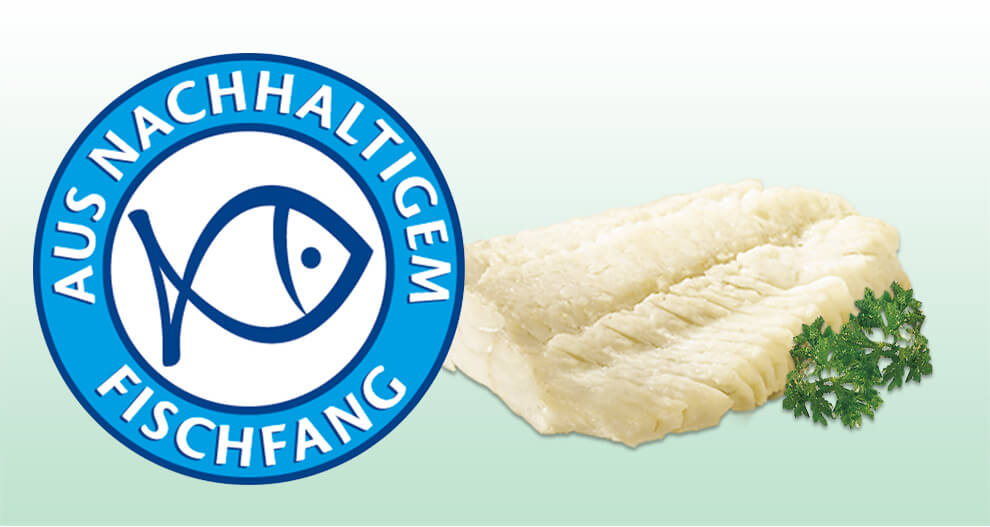 A blue circular logo with a fish icon and German text is placed next to a white fish fillet garnished with green herbs.