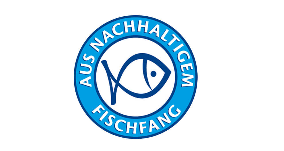 A blue circular logo with a white fish icon and German text.