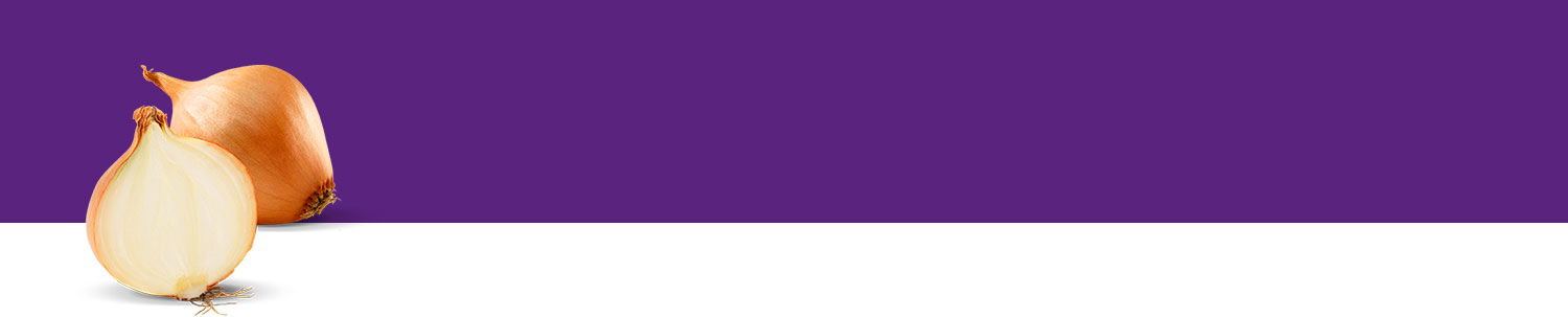 Two onions, one whole and one sliced, are displayed against a purple background.