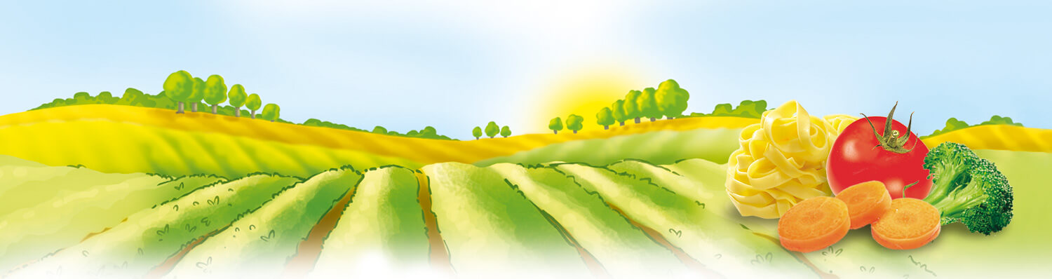 A landscape with rolling hills and trees, featuring a collection of fresh vegetables and pasta.