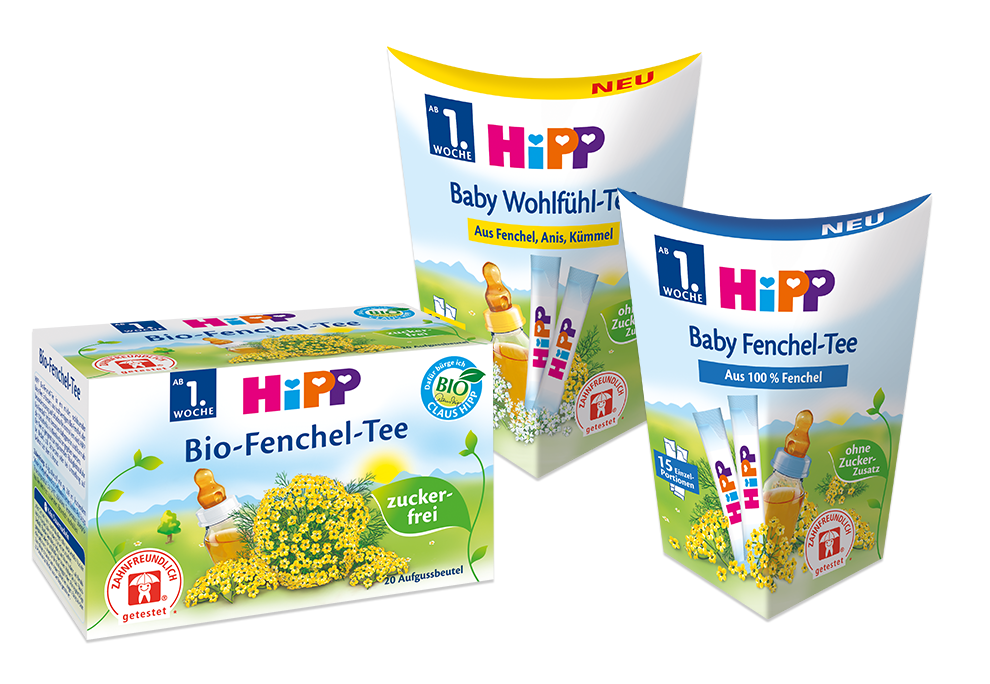 Three packages of baby products from the brand 'HiPP', with emphasis on organic and natural ingredients.