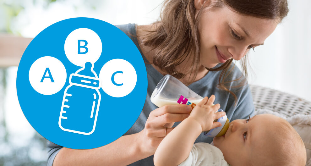 Una donna allatta un bambino con il biberon, mentre un grafico illustra l'ABC dell'alimentazione del bambino.