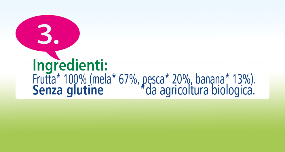 Un elenco di ingredienti per un prodotto, con le percentuali accanto a ciascun ingrediente, e l'indicazione che il prodotto è senza glutine.