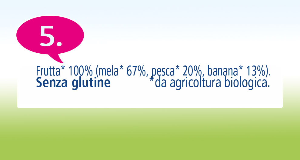 Un'etichetta con il numero 5, che elenca gli ingredienti di un prodotto come 100% frutta, con il 67% di melone, il 20% di pesca e il 13% di banana, ed è coltivato senza glutine.