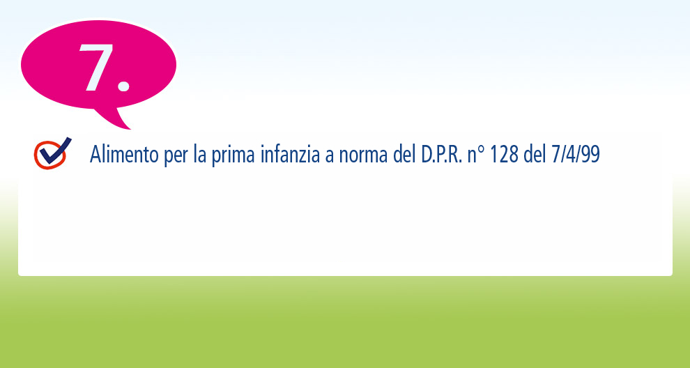 Un elenco numerato con la settima voce evidenziata, accompagnata da un segno di spunta e da una dichiarazione in italiano sugli alimenti per l'infanzia.