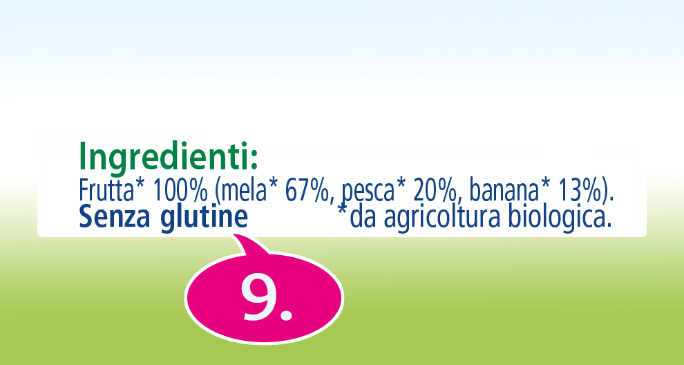 Primo piano dell'etichetta degli ingredienti di un prodotto alimentare, che evidenzia che il prodotto contiene il 100% di frutta, con il 67% di melone, il 20% di pesca e il 13% di banana, ed è coltivato con metodi biologici.