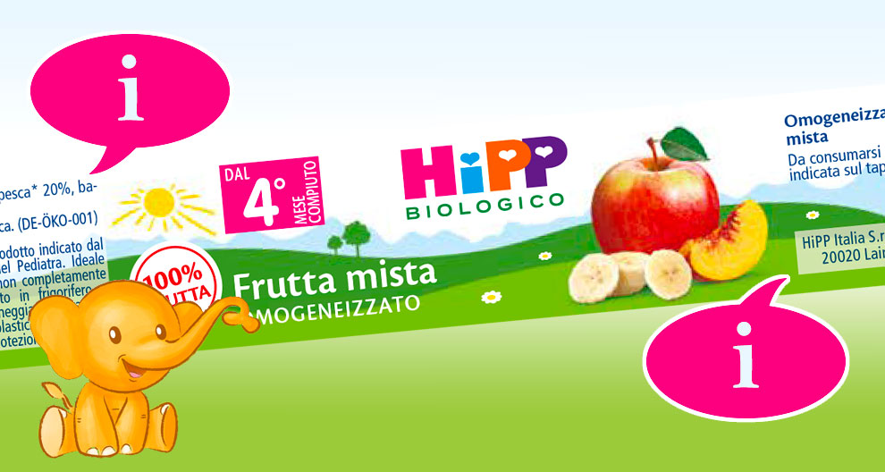 Un'etichetta per un prodotto alimentare per bambini con istruzioni per la conservazione a 4°C, con un'indicazione di purezza al 100% e un elefante a fumetti.