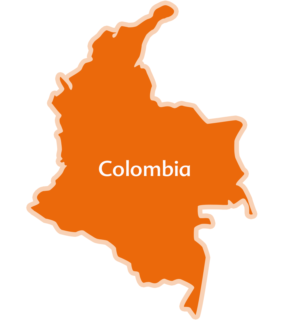 Una silhouette della forma geografica della Colombia con il nome del Paese ben visibile al centro.