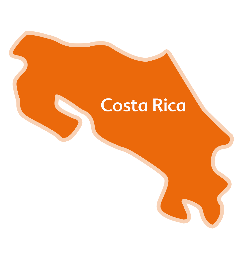 Una rappresentazione semplice e astratta della Costa Rica, con la forma del Paese delineata in un audace colore arancione su uno sfondo bianco.