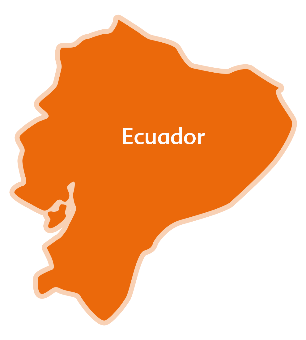 Una silhouette della forma geografica dell'Ecuador con il nome del Paese etichettato al centro.