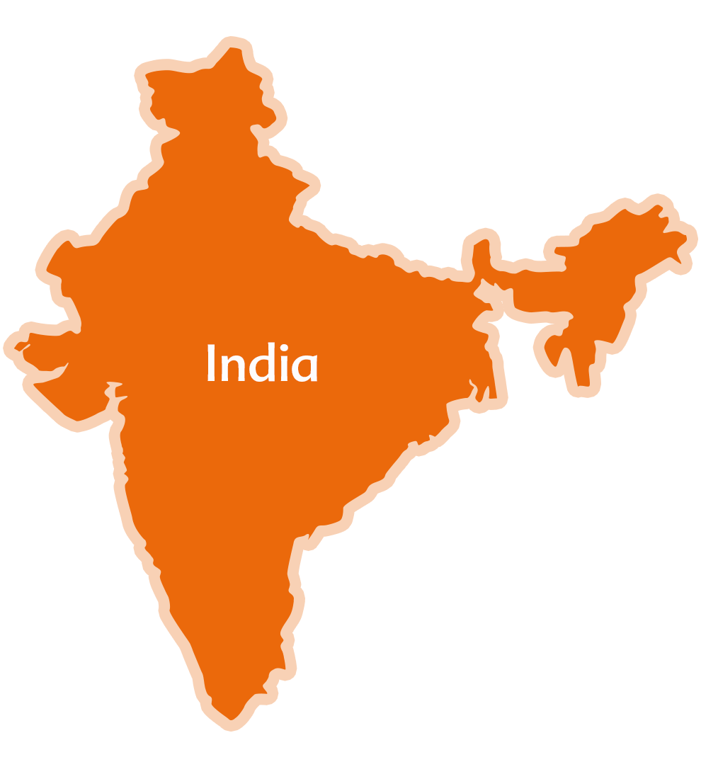 Una mappa sagomata dell'India con il nome del Paese scritto al centro.