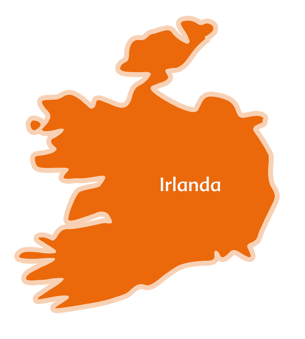 Una mappa semplificata dell'Irlanda, riempita con un colore arancione uniforme, con la parola "Irelanda" scritta al centro.