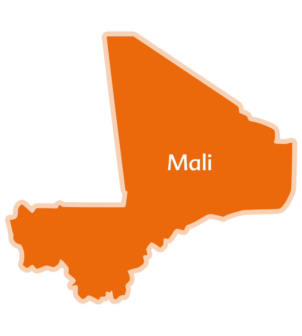 Una cartina del Mali, un Paese dell'Africa occidentale, con il nome "Mali" scritto in bianco.