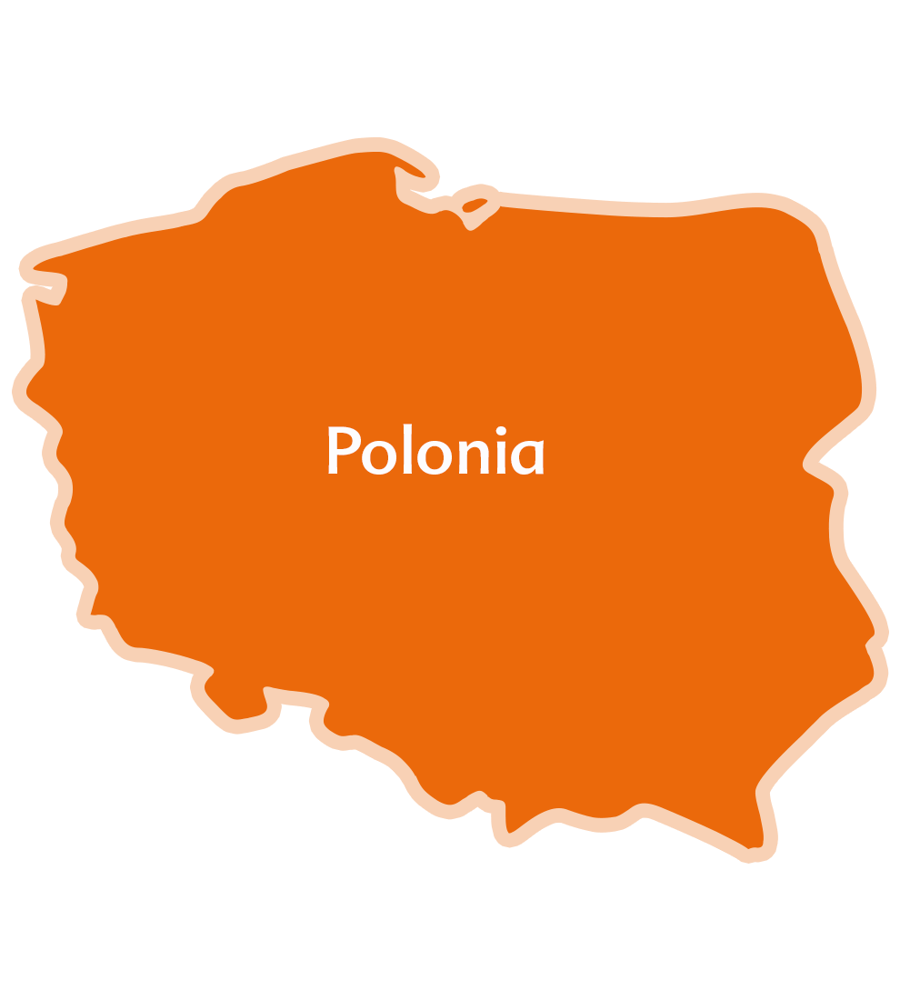 Una sagoma semplificata di una terra con la scritta "Polonia".