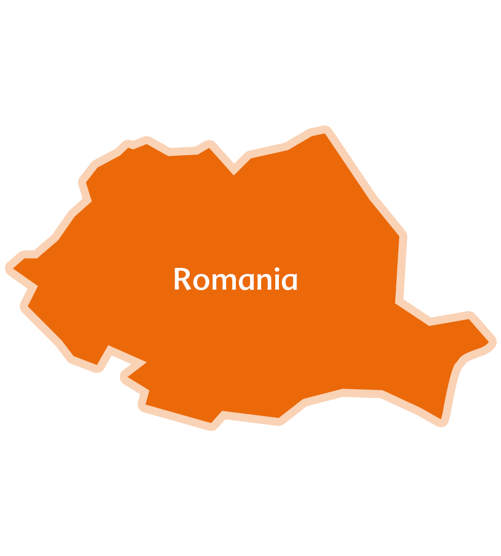 Una mappa semplificata della Romania con il nome del Paese etichettato al centro.