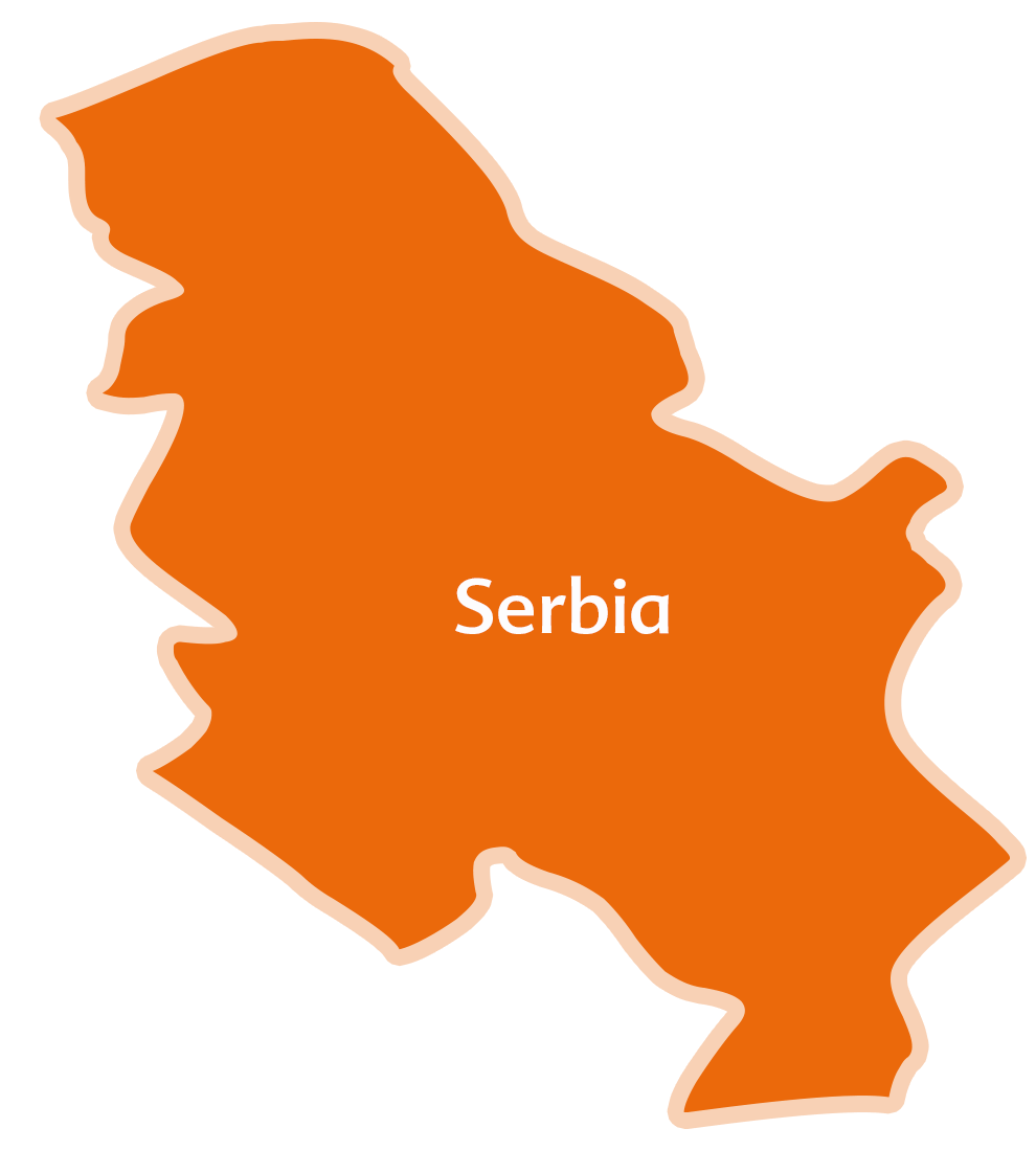 Una mappa sagomata della Serbia con il nome del Paese etichettato al centro.