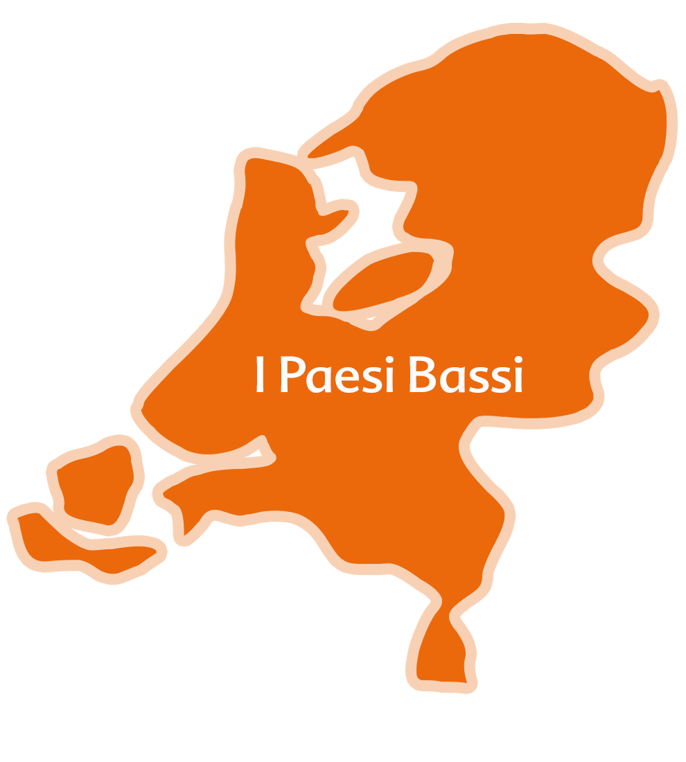 Una sagoma di una terraferma con la scritta "I Paesi Bassi".