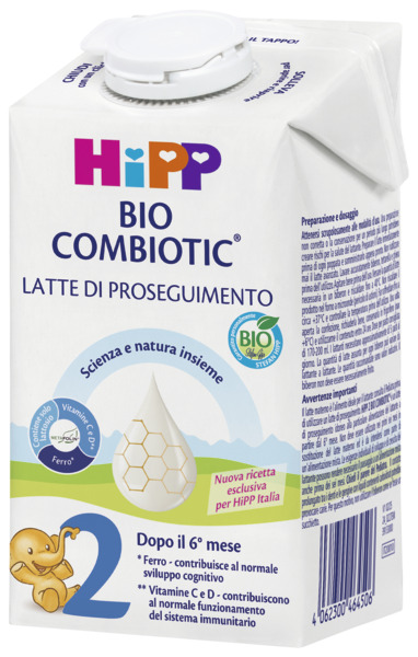 Una confezione bianca di latte artificiale Hipp Bio Combiotic, fase 2, con un'etichetta blu che raffigura una goccia con un motivo a nido d'ape, un elefante a fumetti e un testo in italiano.