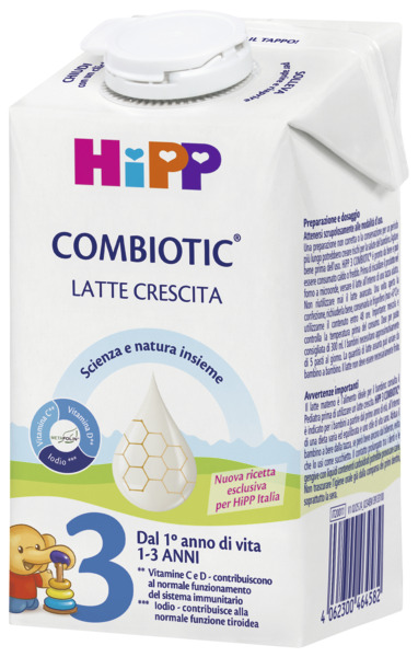 Una confezione bianca di Hipp Combiotic Latte Crescita, un latte artificiale, con una grafica blu di una goccia contenente un motivo a nido d'ape e un testo che indica che è adatto ai bambini da 1 a 3 anni.