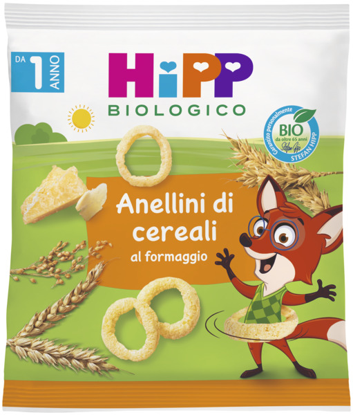 Una confezione gialla mostra un elefante a fumetti in sella a una bicicletta con un anello di cereali, accompagnato da un testo in italiano.