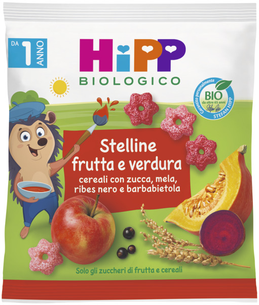 Una confezione di alimenti biologici per bambini con cereali a forma di stella, con l'illustrazione di un allegro elefante, circondato da vari frutti e cereali.