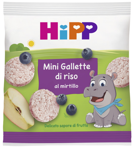 Un sacchetto per snack viola e verde con il testo "Mini Gallette al mirtillo" e un elefante a fumetti che tiene in mano un mirtillo.