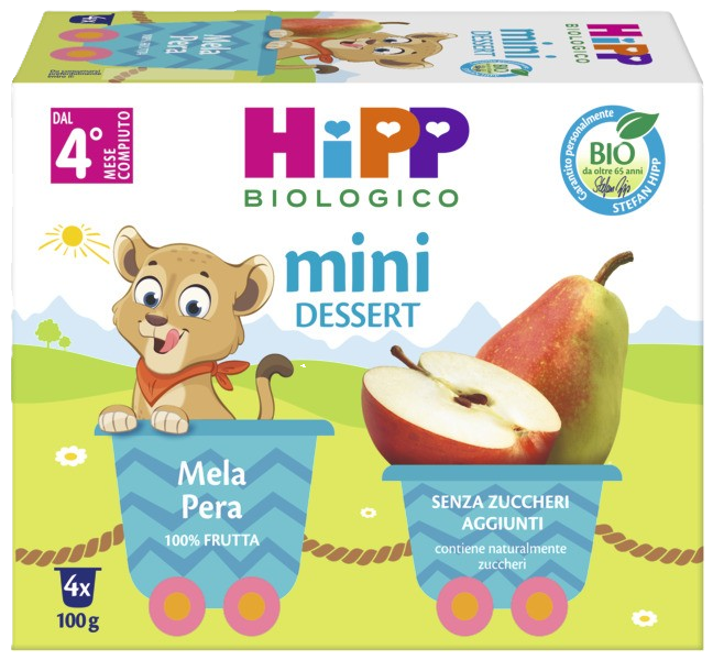 Un prodotto alimentare confezionato con il marchio "Hipp Biologico", con una mela e una pera, etichettato come prodotto al 100% di frutta, con un peso di 4 x 100 grammi.