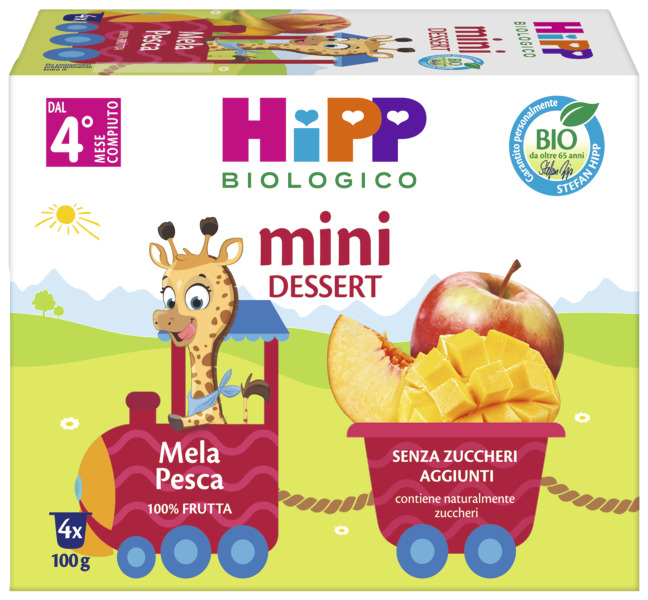 Un prodotto alimentare confezionato con una combinazione di colori verde e bianco, raffigurante una mela e una pesca a fette, etichettato come prodotto a base di frutta per bambini dai 4 anni in su, con un'indicazione del contenuto di frutta al 100%.