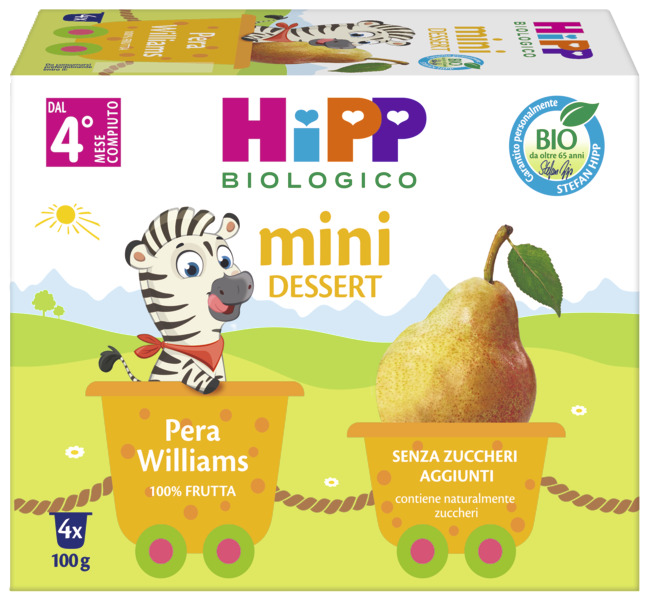 Una scatola verde con la scritta "Hipp Biologico" in evidenza, con una grafica di pere e la scritta "Frutta Grattugiata Pera Williams", che indica un prodotto a base di frutta biologica, in particolare pere Williams.