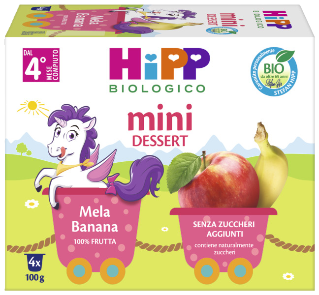 Un prodotto alimentare confezionato con il marchio "Hipp Biologico", caratterizzato da una miscela di frutta di mela e banana, con un'indicazione del contenuto di frutta al 100% e un'indicazione di peso di 4x100g.