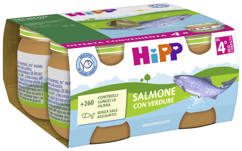 Una confezione di un prodotto alimentare con il testo "Salmone con verdure" e l'immagine di un pesce.