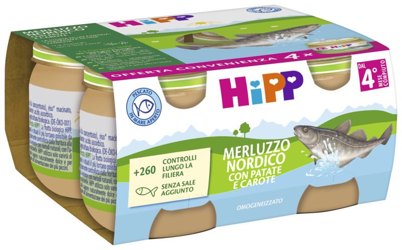 Una confezione di un prodotto alimentare con un'illustrazione di pesce, un'etichetta che indica che contiene pesce e patate e un'etichetta con informazioni nutrizionali.