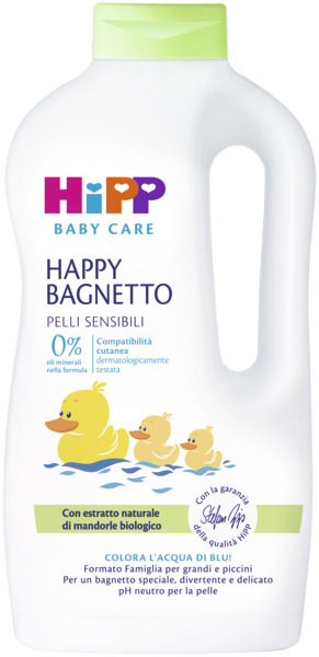 Un flacone di plastica bianco con tappo verde, contenente un prodotto per l'infanzia denominato "HAPPY BAGNETTO PELLI SENSIBILI" del marchio "HiPP".