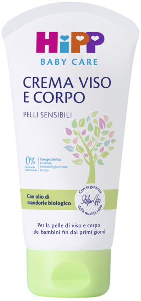 Un tubetto di crema per bambini con testo in italiano, grafica di un albero e tappo verde.