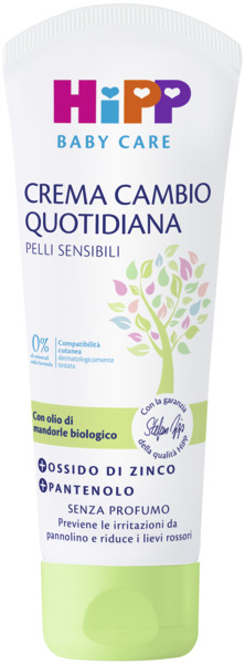 Un tubetto di crema con il testo "CREMA CAMBIO QUOTIDIANA PELLI SENSIBILI" e "0% Compatibilità cutanea dermatologicamente testata".