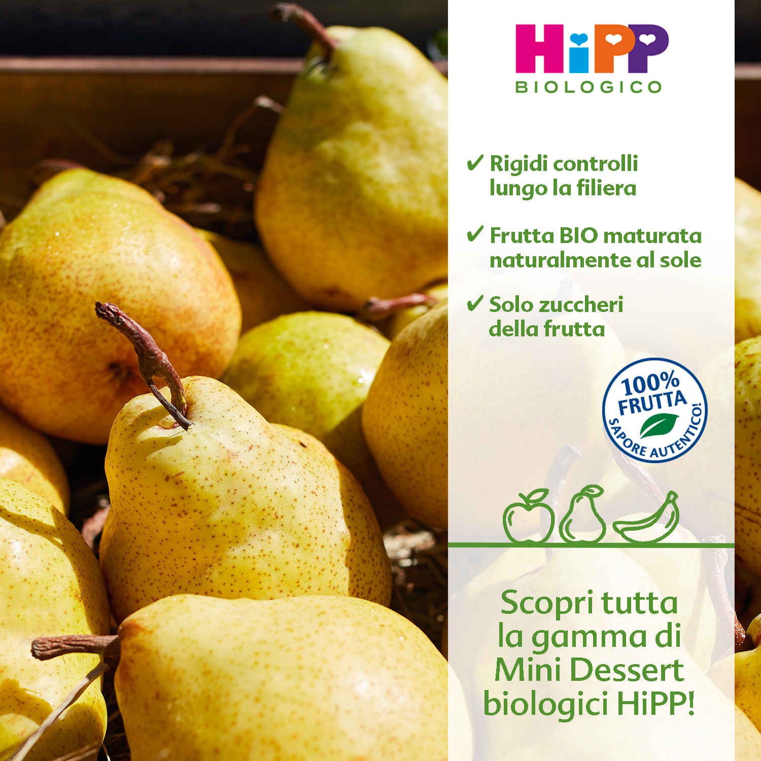 Primo piano di pere mature con uno striscione promozionale per i prodotti di frutta biologica del marchio 