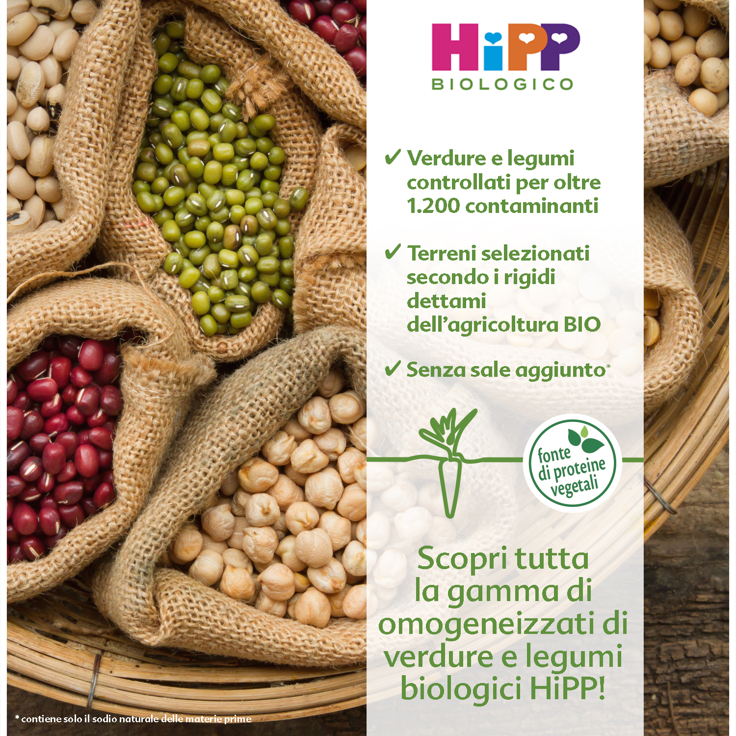 Una varietà di legumi e cereali in sacchi di iuta, accompagnati da uno striscione promozionale di un prodotto chiamato 