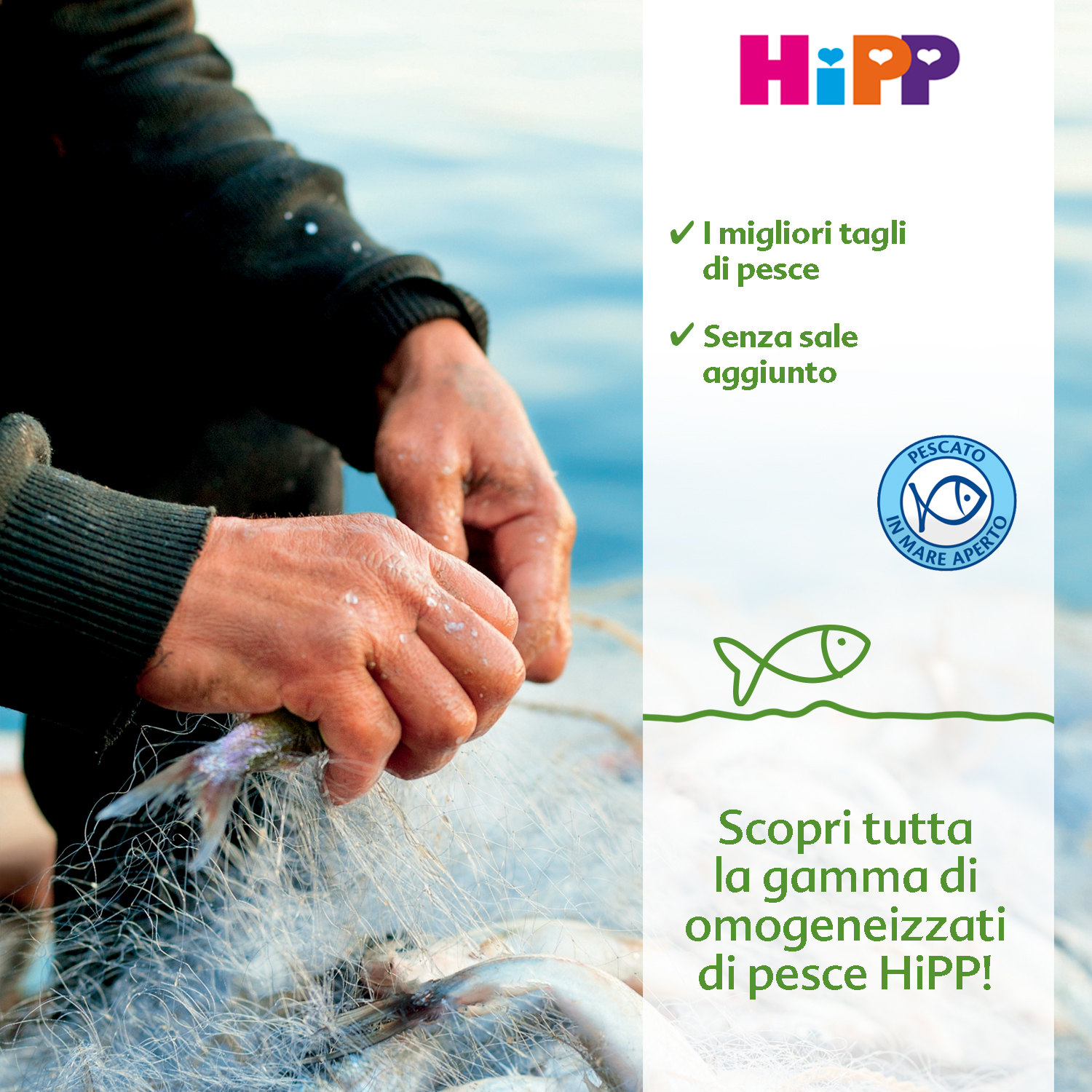 Una mano tiene un pesce vicino all'acqua, con un elenco di caratteristiche del pesce sulla destra e una dichiarazione sul contenuto di omega-3 del pesce in basso.