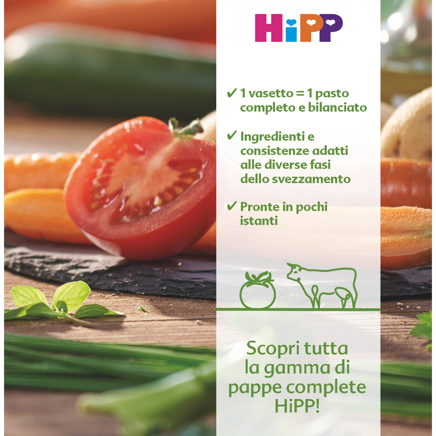 Una varietà di frutta e verdura fresca, con particolare attenzione al pomodoro a fette, e un testo in italiano che promuove un prodotto chiamato 