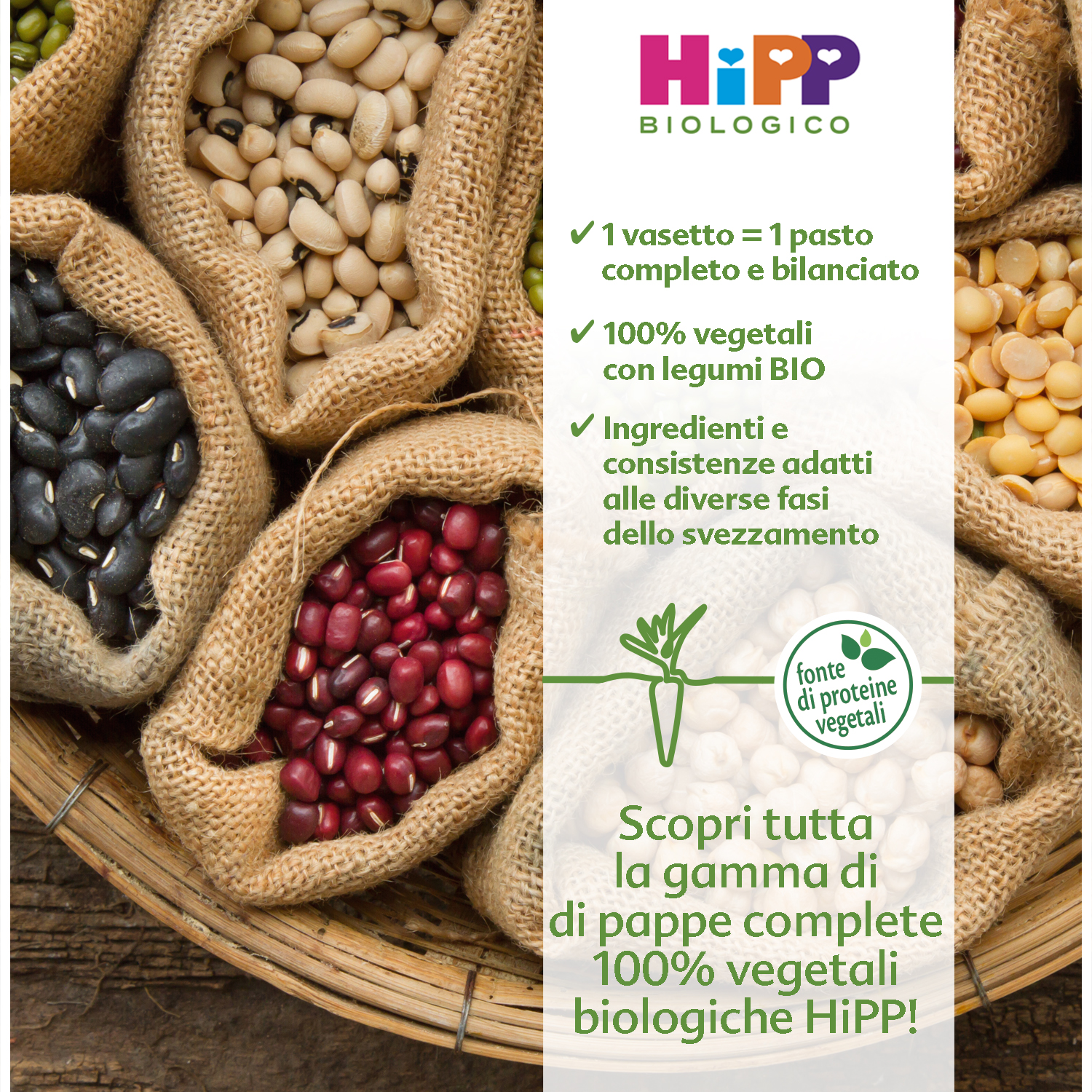 Primo piano di vari legumi in sacchi di iuta, accompagnati da un testo in italiano che promuove una dieta vegetariana completa ed equilibrata.