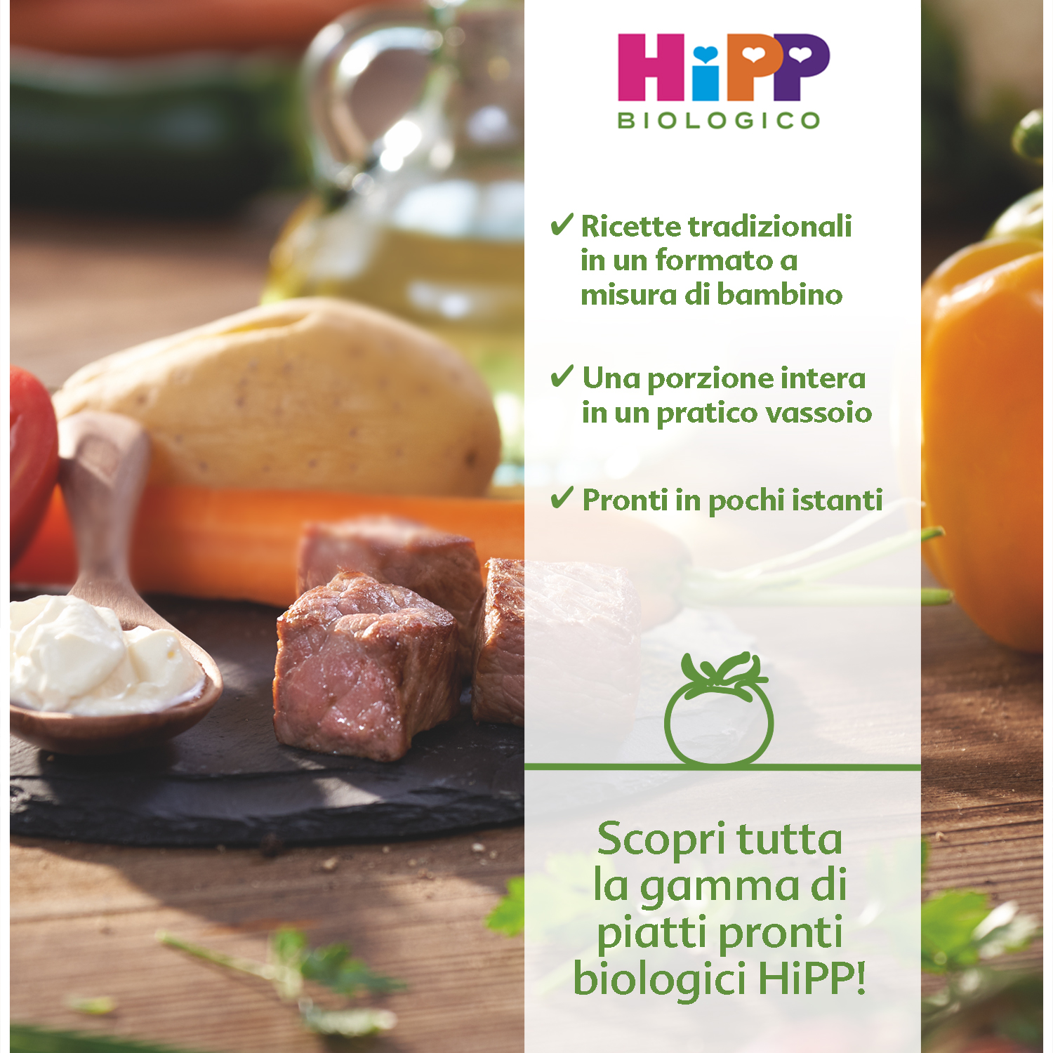 Una varietà di verdure e carni fresche, accompagnate da uno striscione promozionale per gli alimenti per l'infanzia HiPP Biologico.