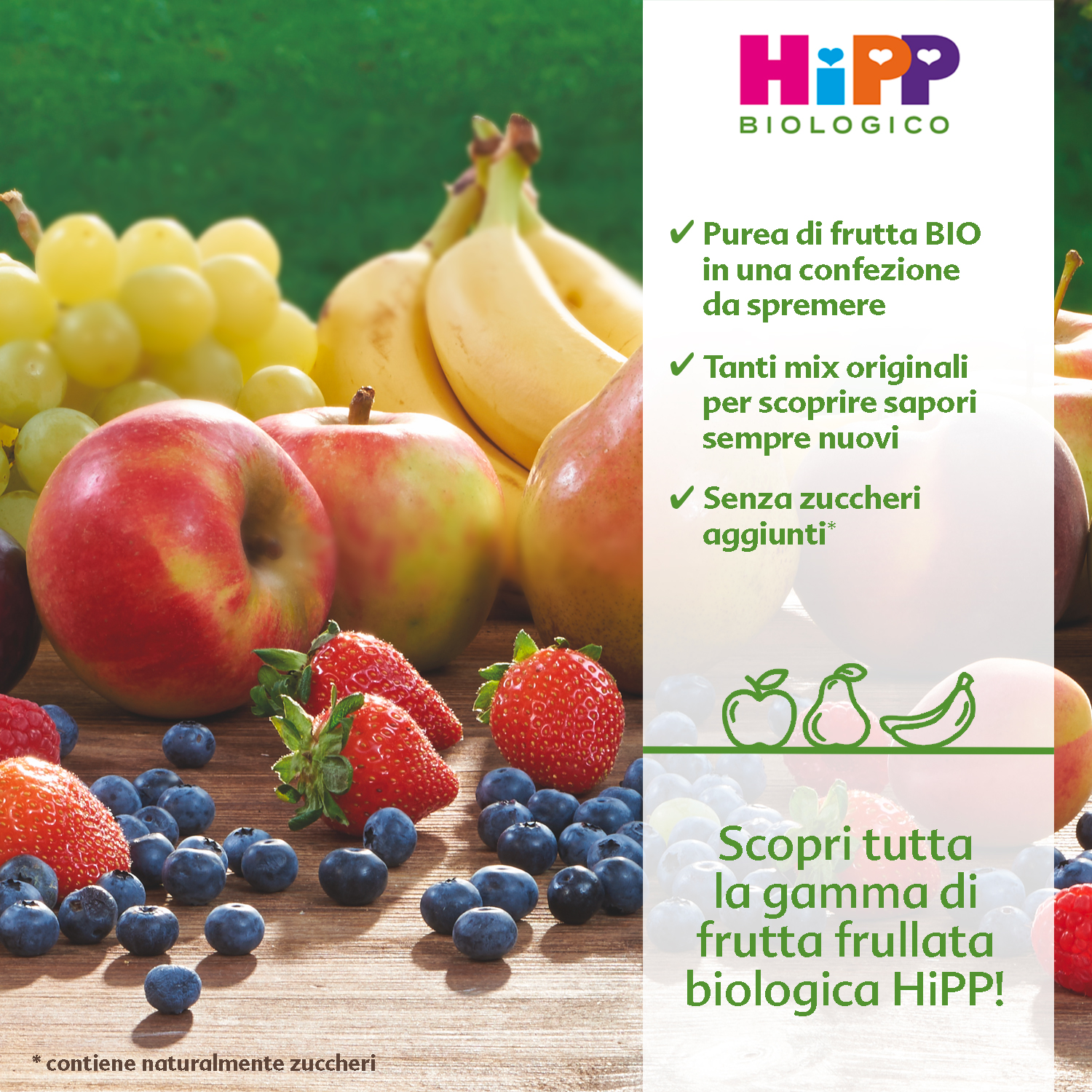 Un colorato assortimento di frutta fresca è esposto su una superficie di legno, accompagnato da un banner promozionale di un prodotto frutticolo di origine biologica.